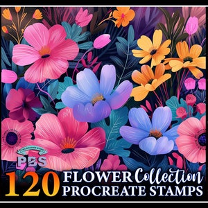 Procreate flower stamp set card with colorful flowers and '120' Procreate Stamps text