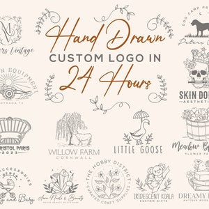 Hand-drawn custom logo design artwork with ornate text, doodle icons, and laurel border