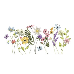 Floral embroidery design set with colorful flowers, leaves, and butterflies