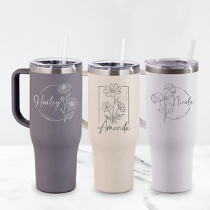 Set of three 40oz tumblers with handles, clear lids, and engraved birth-flower names