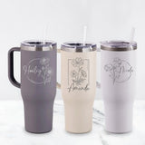 Personalized Birth Flower 40oz Tumbler, Custom Laser Engraved Birth Month Flower Tumbler, Gift For Best Friend, Tumbler With Handle