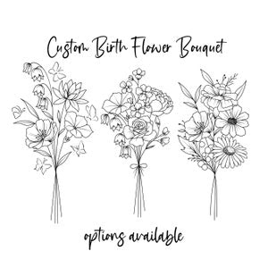 Minimalist birth flower bouquet print with three line-art bouquet sketches, unframed