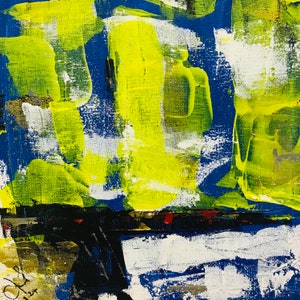 Abstract canvas wall art with bold yellow, blue, white, and black paint strokes