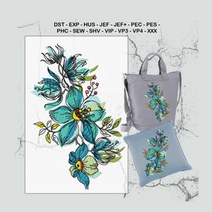 Floral embroidery design with teal and yellow drawn flowers on outline pattern