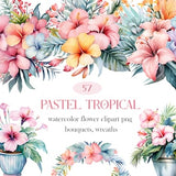 Pastel Tropical Flower Clipart, Summer Flower PNG, Watercolor Floral Clipart Bundle, Hibiscus Bouquet Wreath, Flower Sublimation, Spring png