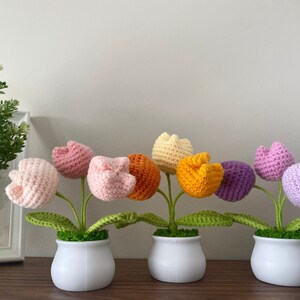 Handmade crochet tulip plant set in three white pots with pink, cream, orange, and purple flowers