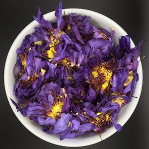 Dried blue lotus flower petals with yellow centers in a white bowl