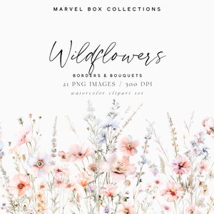 Watercolor wildflower border clipart with pink, blue, and cream blossoms and thin stems