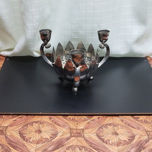 Silver-toned lotus candle holder with flower frog and candle cups