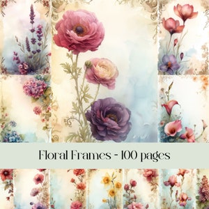 Floral frame junk journal pages set with layered pastel flowers and vintage paper