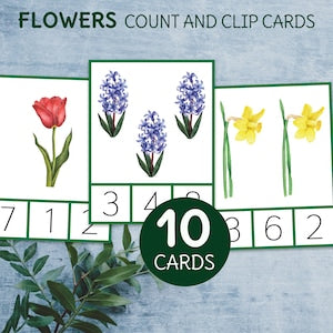 Flower count and clip cards showing numbers 3, 4, 10 cards badge, spring math set