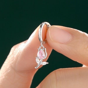 Tulip Flower Huggie Hoop Earrings in Sterling Silver, Silver or Gold, Delicate Tulip Flower Hoops,