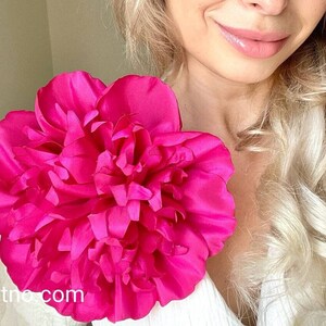 Hot pink peony flower brooch, large layered petals pin on shoulder