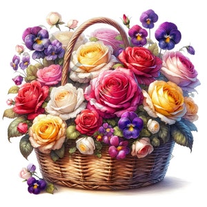 Floral basket clipart with roses, purple flowers, and pastel blooms in a woven basket