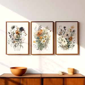 Set of 3 framed wildflower bouquet prints with vintage pressed-dried flower look