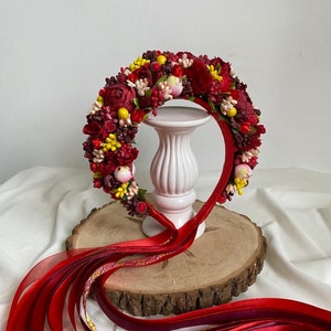 Burgundy and red flower crown with long satin ribbons, folk-style wreath