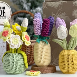 Crocheted spring flower vases with tulips, lavenders, daffodils, and small blossoms