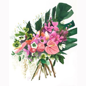 Custom watercolor bridal bouquet painting with pink flowers and green leaves