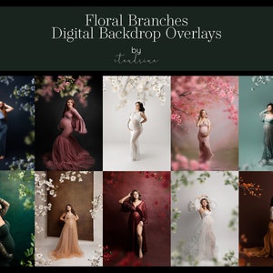Floral branch digital backdrop overlay set with blurred branch effects for maternity photos