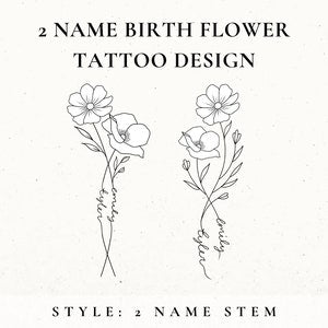 Birth flower tattoo design SVG, two line-art wildflower stems with small banner