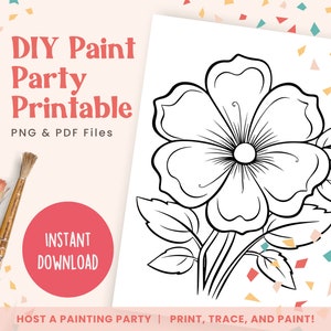 Printable DIY paint party template with flower outline, instant download badge, confetti accents