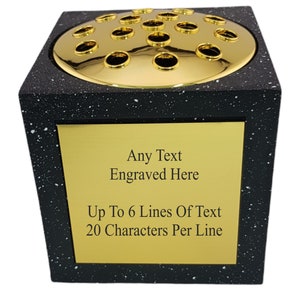 Dark speckled grave marker vase with gold engraved circular plate and plaque