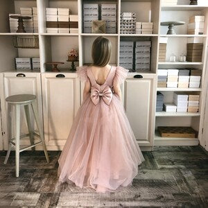 Blush tulle flower girl dress with feathered sleeves and back bow