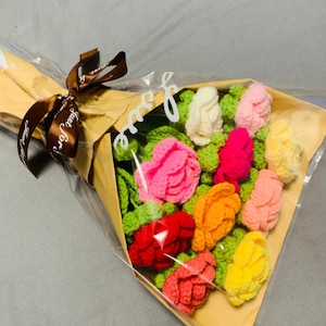 Handmade crochet flower bouquet ornament set in mixed colors, gift-wrapped in paper