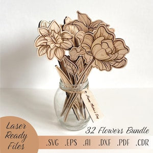 32 Flowers SVG Bundle, Laser Cut Glowforge Cricut Digital download Files, Vector Wildflowers Bouquet for Mom Wood Florals Mothers day gift