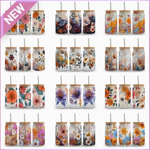 Set of floral 16 oz glass beer can tumblers with wrap-around design, assorted colors