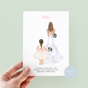 Personalized flower girl thank-you card with illustrated flower-girl in dress holding bouquet