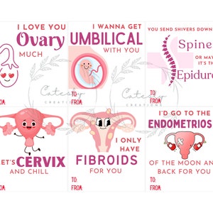 Valentine's greeting card featuring uterus, cervix and ovaries with playful health text