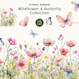Watercolor wildflower and butterfly floral border clipart, spring flowers set