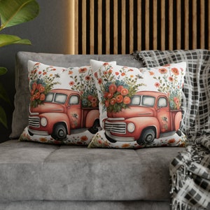Square throw pillow case with red truck illustration and floral pattern, zipped cover
