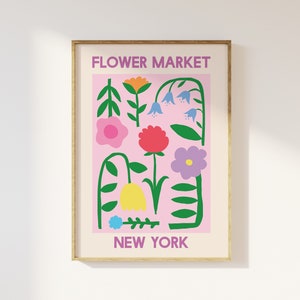 Framed Flower Market New York floral print with pink purple flowers and butterfly