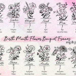 Floral birth month flower bouquet frame bundle with month name line art