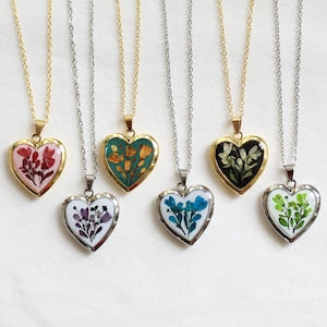 Heart locket necklace with pressed natural flower inlays, stainless steel gold/silver chains