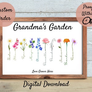 Garden poster sign with hand-lettered text and colorful birth-flower illustrations in a brown frame