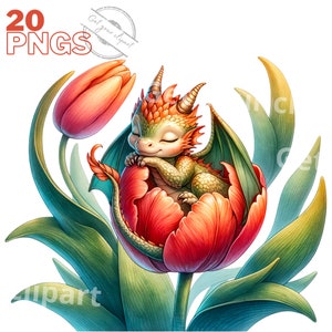 Baby dragon watercolor illustration in a colorful tulip flower, PNG clipart