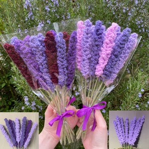 Handmade crocheted lavender bouquet of 10 purple flower stems, tied with a pink ribbon