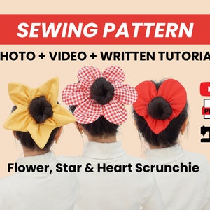 Hair scrunchies sewing pattern featuring flower, star, and heart designs in assorted fabrics