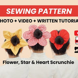 Flower, Star and Heart Scrunchie PDF Sewing Pattern, Photo Video Tutorial, Instant Download Digital Template, US letter A4, hair scrunchies