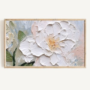 Framed abstract flower painting with textured white blossom and pastel background