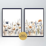 Neutral Watercolor Wildflower Prints Set of 2, Digital Download, Wildflower Field Print, Floral Watercolor, Printable Colorful Flower Art