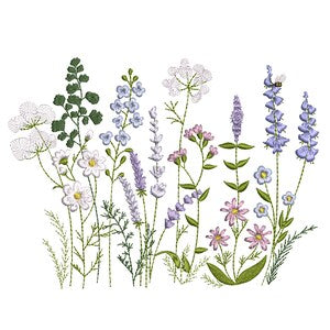 Floral meadow machine embroidery design with lavender, blue, pink, and white flowers