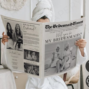 Newspaper-style bridesmaid bouquet wrap with headline and black-and-white proposal text