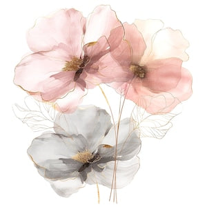 Watercolor abstract flower clipart, pink and gray blossoms with delicate stems