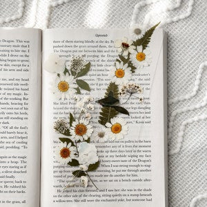 Handmade dried wildflower bookmark with daisies and leaves on an open book page
