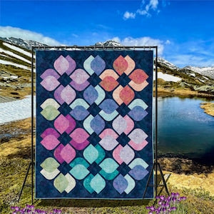 Colorful patchwork quilt wall hanging with floating flower diamond blocks, rectangular view