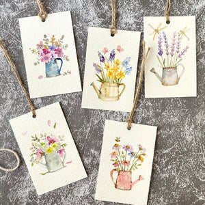 Set of floral watercolor gift tags with watering can illustrations, hanging tags